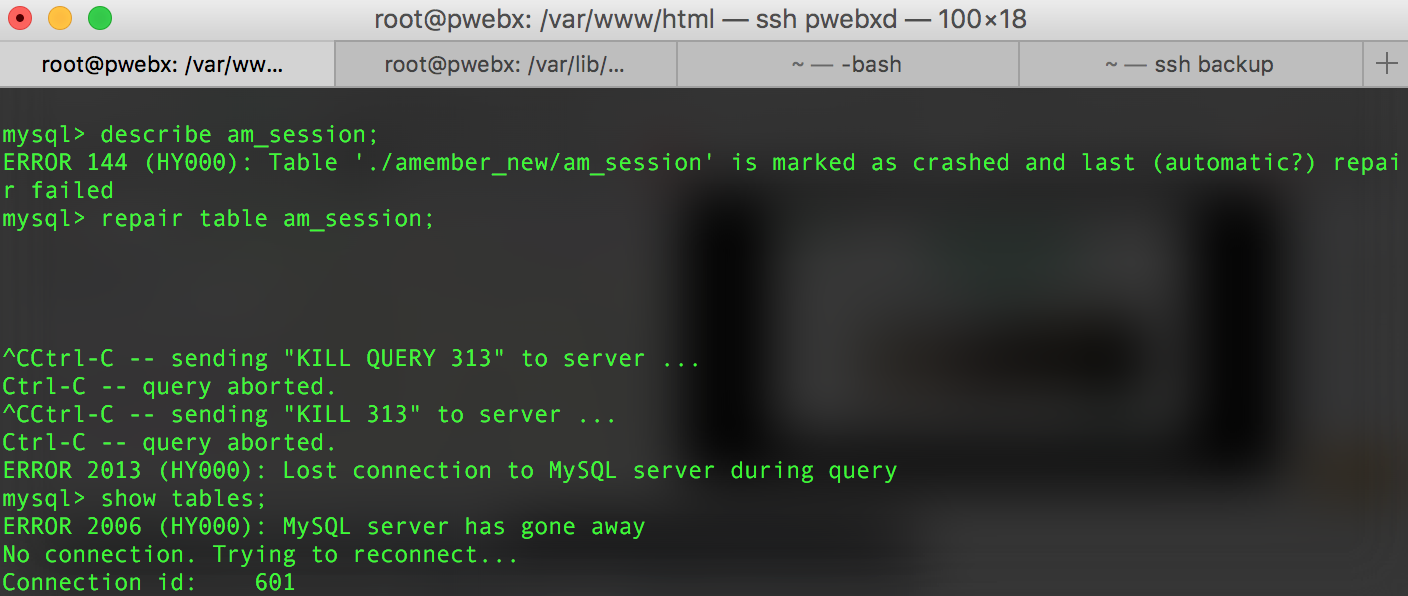 “MySQL is marked as crashed and should be repaired”