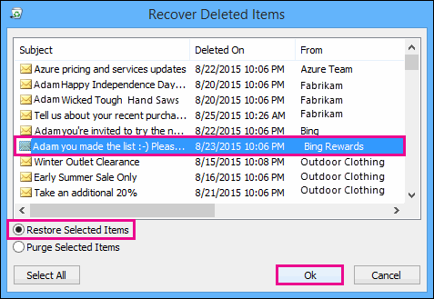 recovery from outlook deleted item folder 2