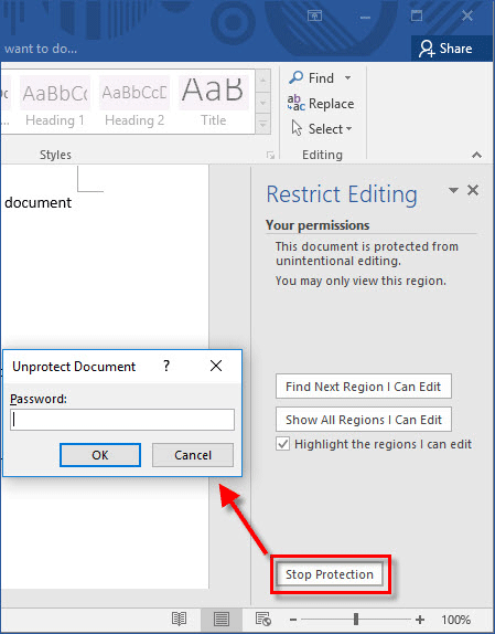 Disabling Restrict Editing in word 1